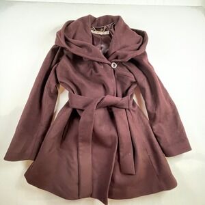 TRINA TURK Women Wool Blend Belted Shawl Collar Coat Burgundy Size 10